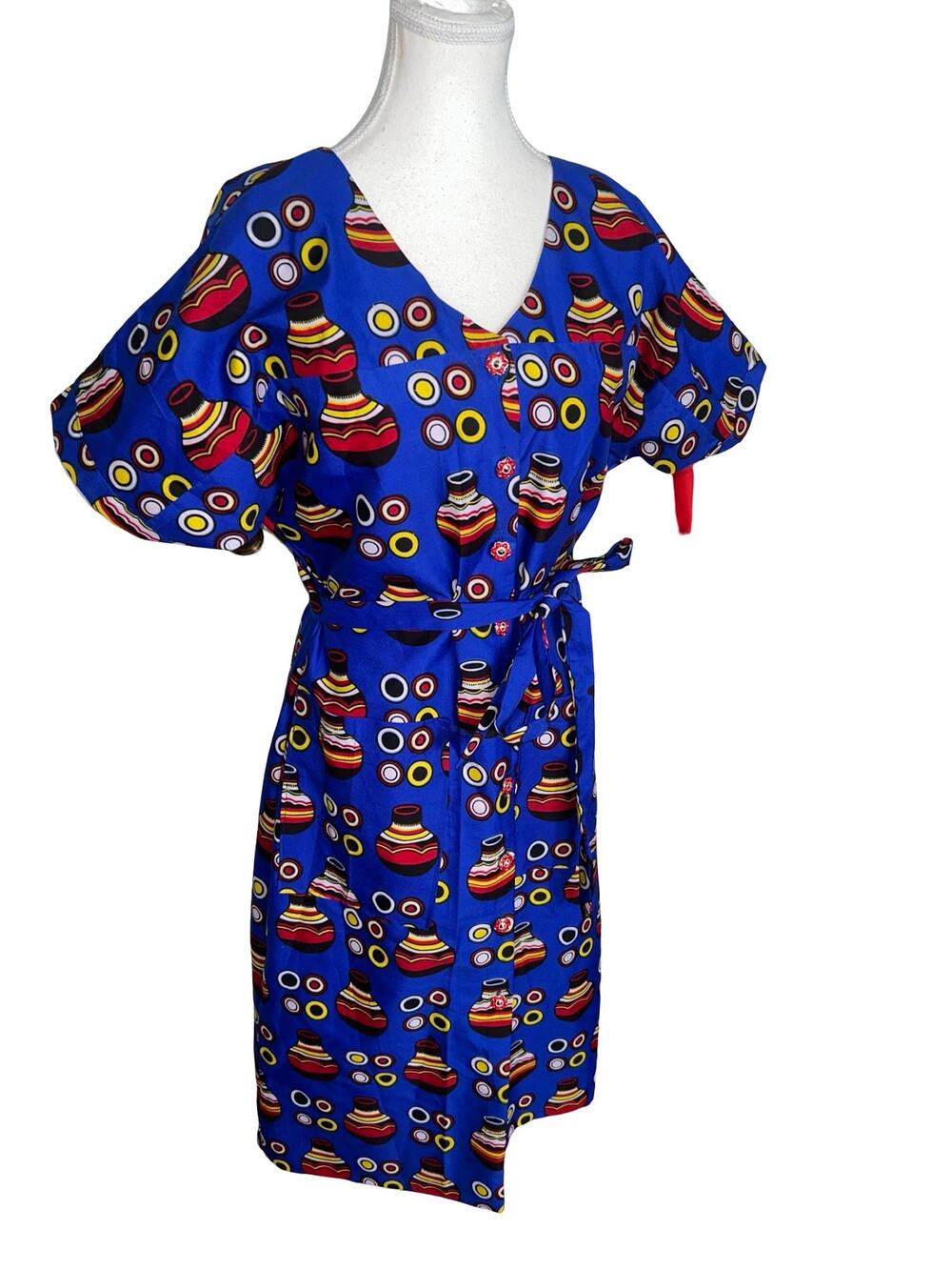 Vintage 70s/80s Pottery‑Print Belted Dress